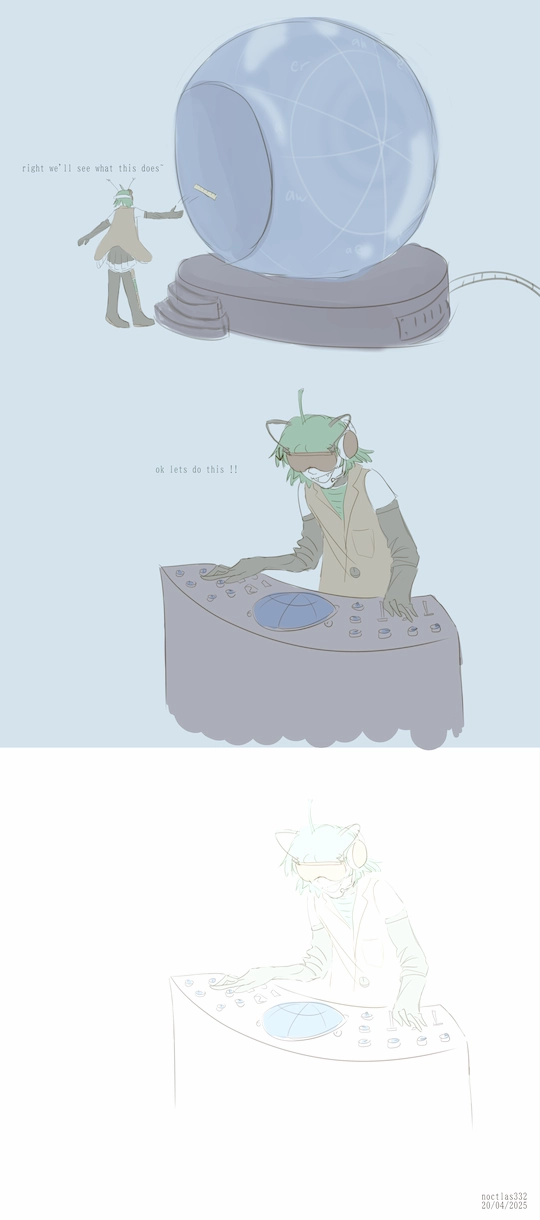 first 3 panels of a coloured sketch digital comic. in the first one fl chan, of my design, throws a ruler into a large orb marked with vowels on a metal stand, and says 'right we'll see what this does~'. in the second one she says 'ok lets do this !!', puts her goggles on, and starts working on a large metal control panel. the third panel features fl chan in the same pose, expect covered by a blinding light